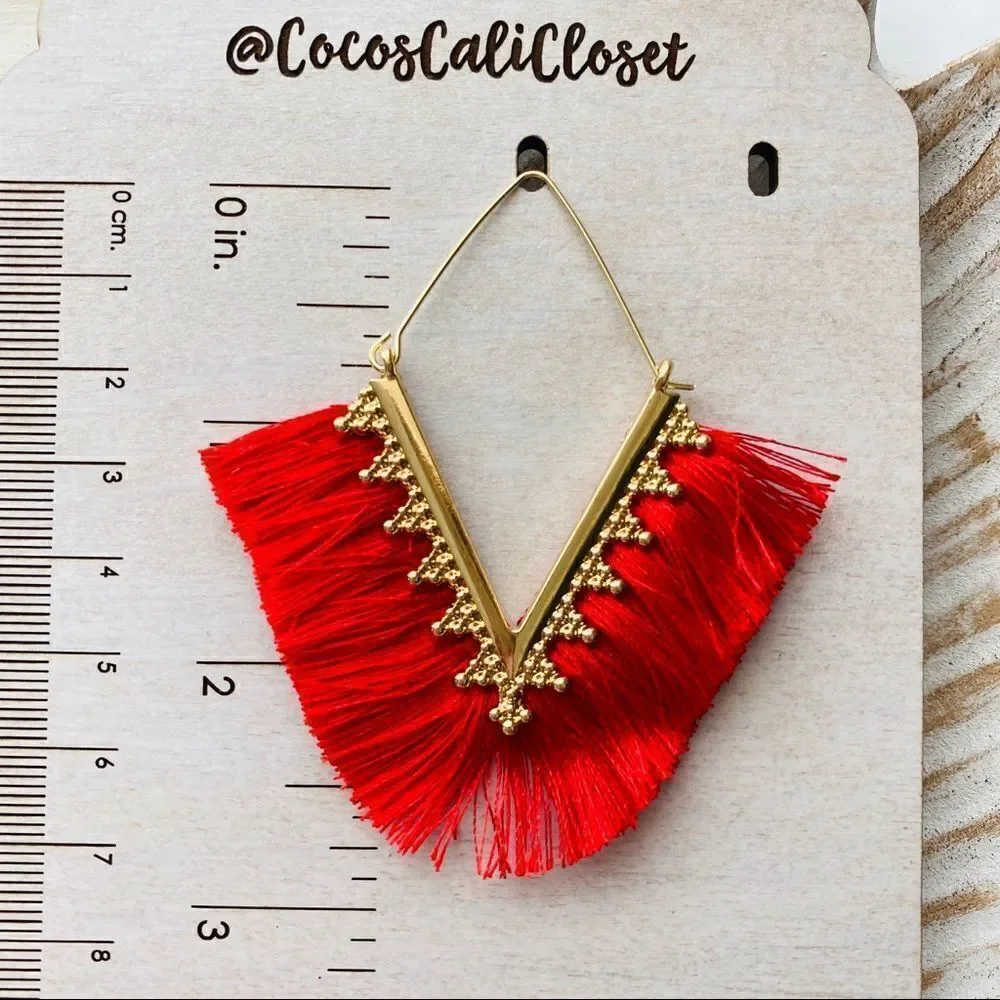Boho Red Fringe Filigree Drop Earrings NWT